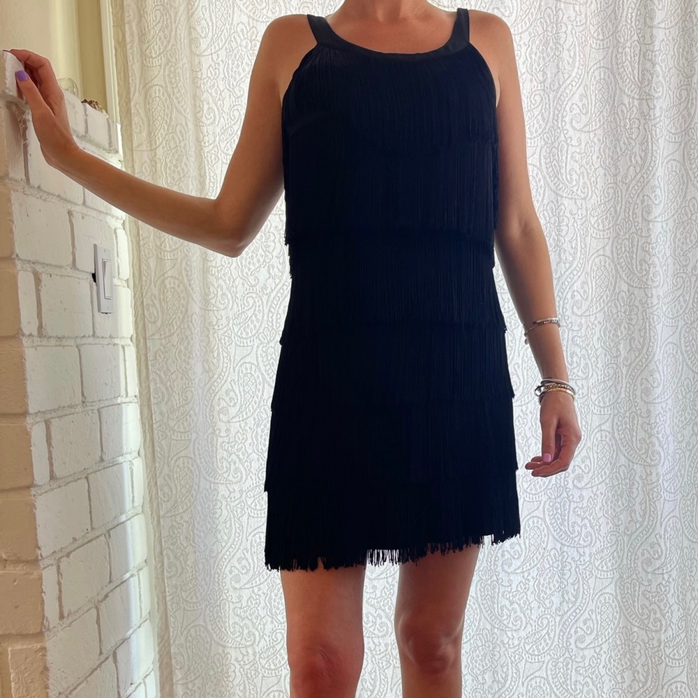 White House Black Market Black Fringe Dress Small